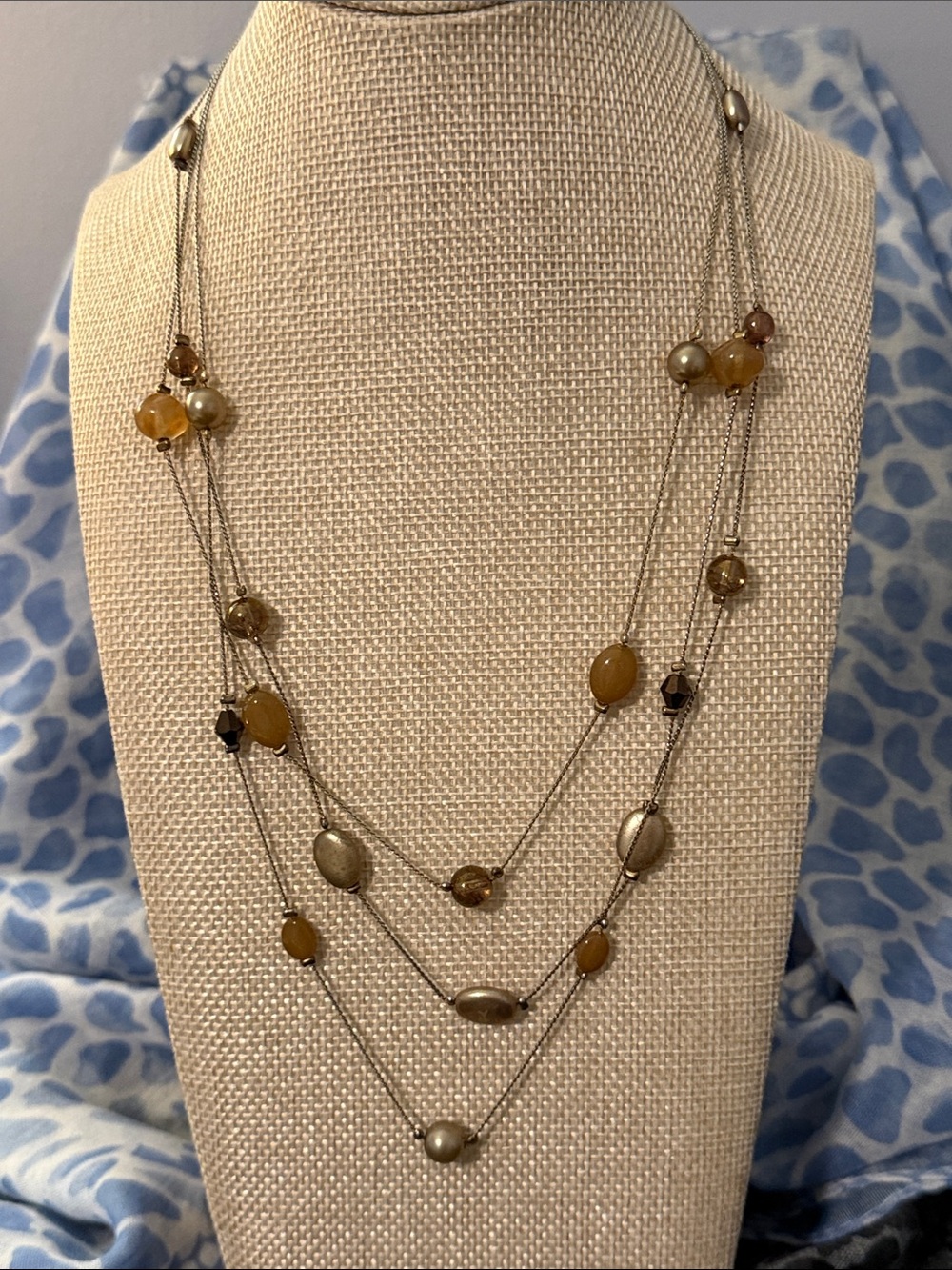 New York & Company Triple-Strand Gold and Amber Bead Necklace
